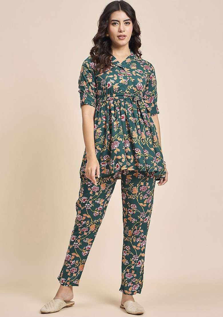 Green Floral Printed Shirt Collar Pure Cotton Tunic With Trousers - Indya