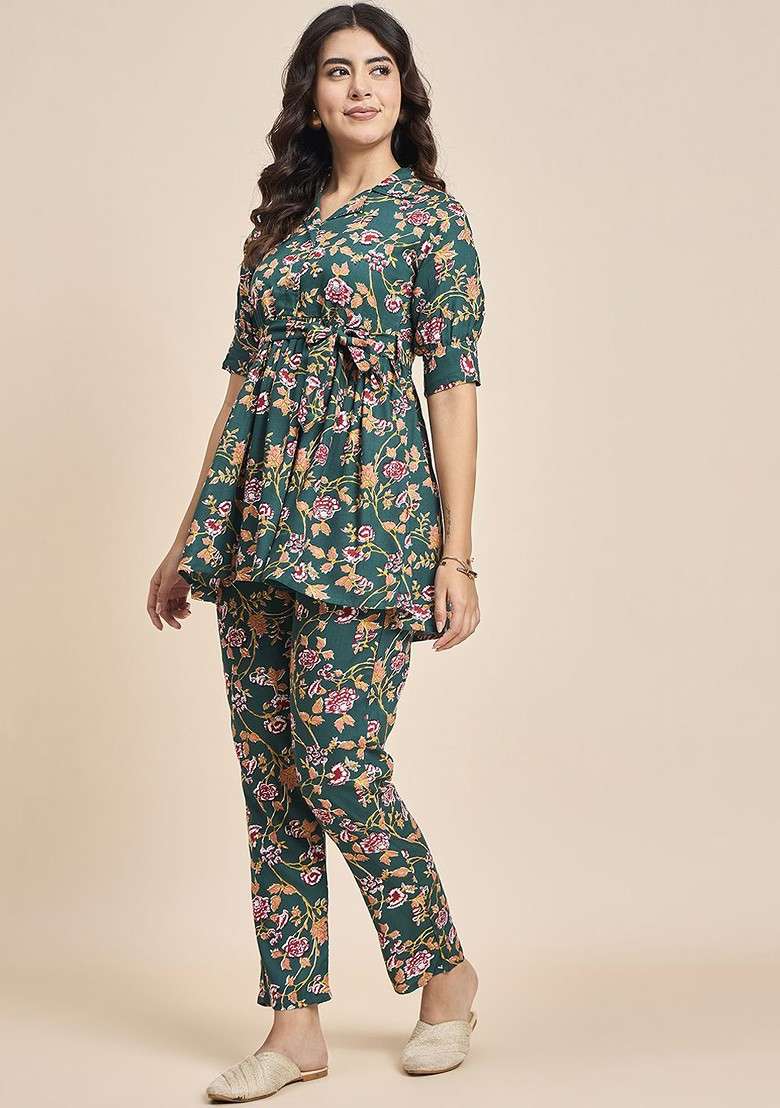 Green Floral Printed Shirt Collar Pure Cotton Tunic With Trousers - Indya