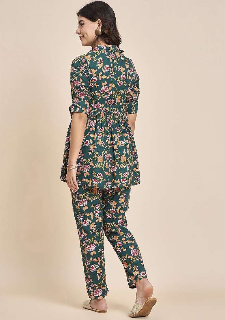 Green Floral Printed Shirt Collar Pure Cotton Tunic With Trousers - Indya