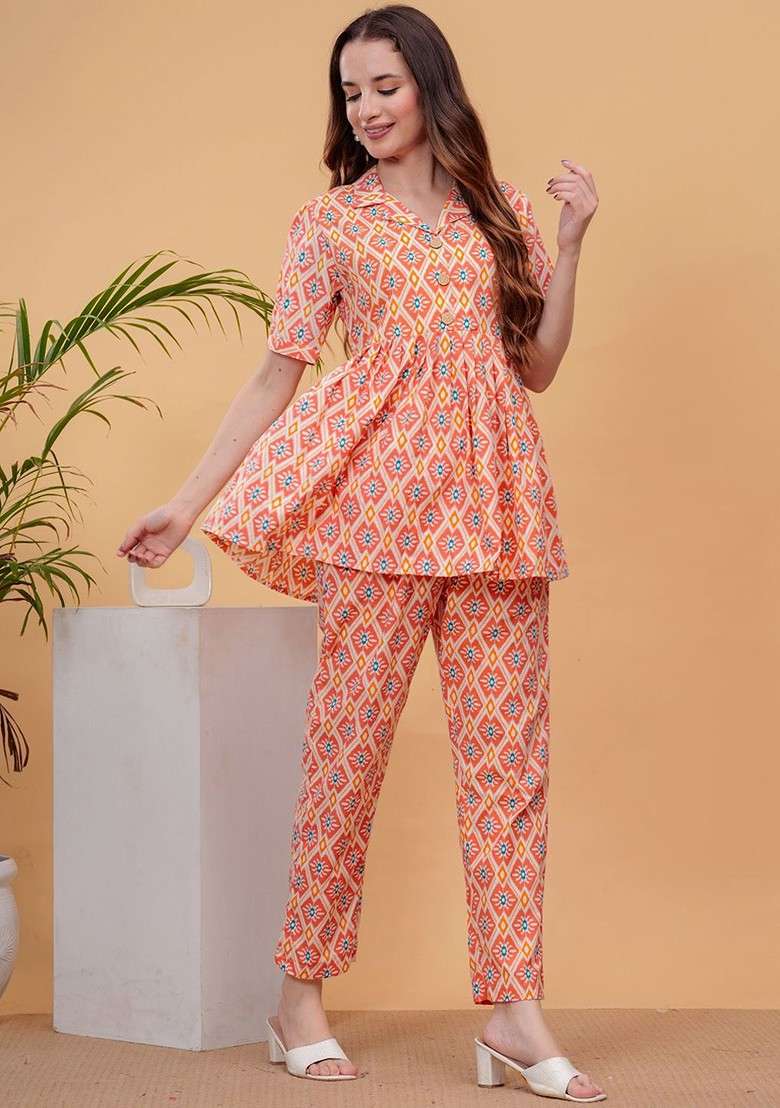 Orange Printed Tunic Ith Trousers Coords - Indya