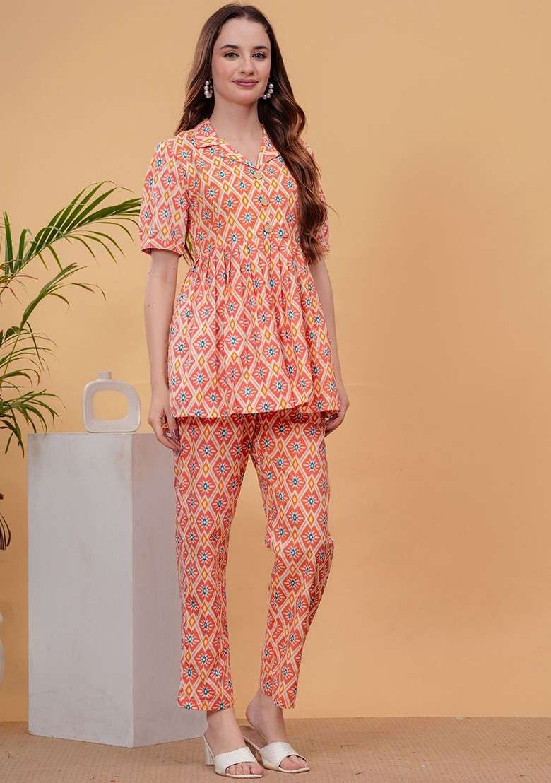 Orange Printed Tunic Ith Trousers Coords - Indya
