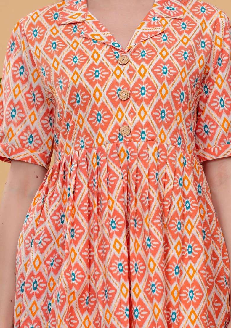 Orange Printed Tunic Ith Trousers Coords - Indya