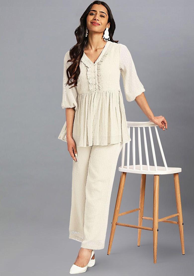 Off White Women Off White Dobby Chiffon Self Design Coord Set - Indya