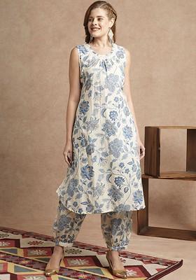 Off White Printed Pure Cotton Sleeveless Tunic And Trouser