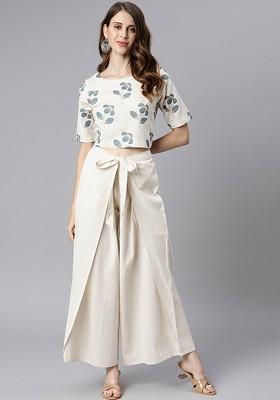 White Women White And Light Beige Printed Crop Top With Draped Palazzos