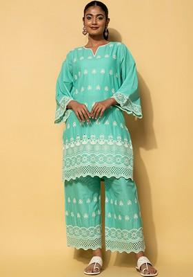 Sea Green Floral Embroidered Pure Cotton Tunic With Palazzo