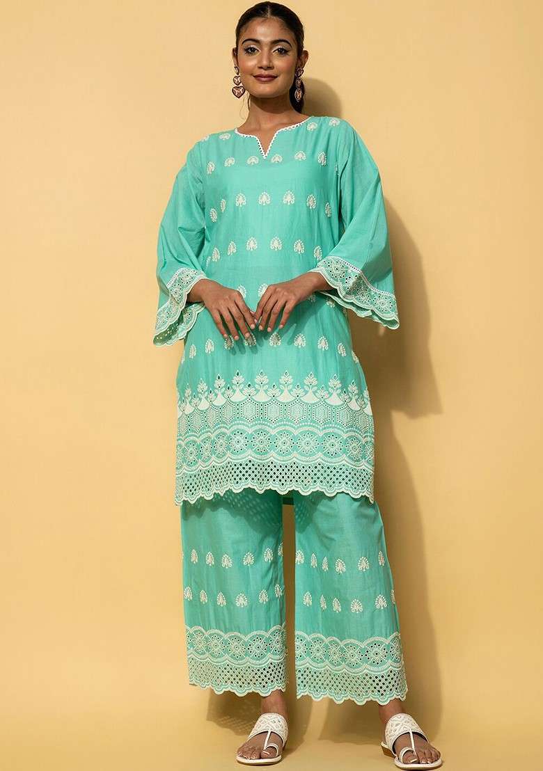 Sea Green Floral Embroidered Pure Cotton Tunic With Palazzo - Indya