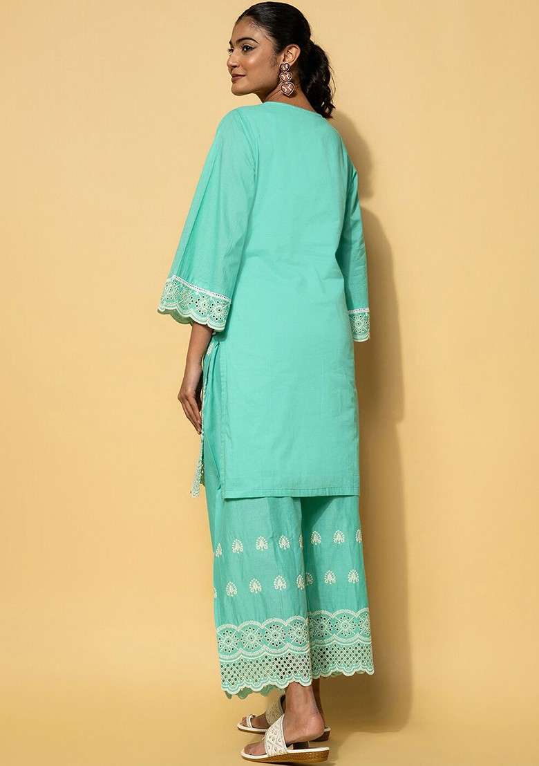 Sea Green Floral Embroidered Pure Cotton Tunic With Palazzo - Indya