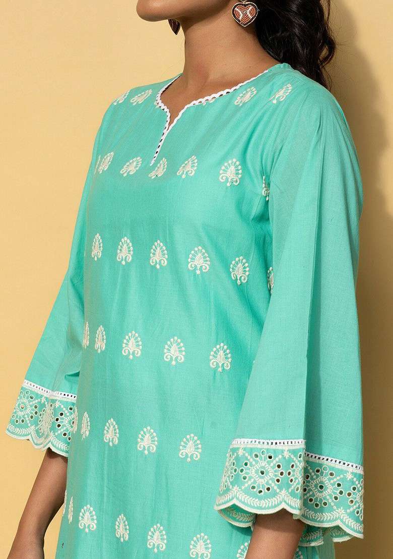 Sea Green Floral Embroidered Pure Cotton Tunic With Palazzo - Indya
