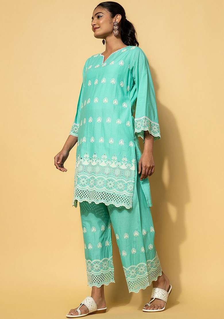 Sea Green Floral Embroidered Pure Cotton Tunic With Palazzo - Indya