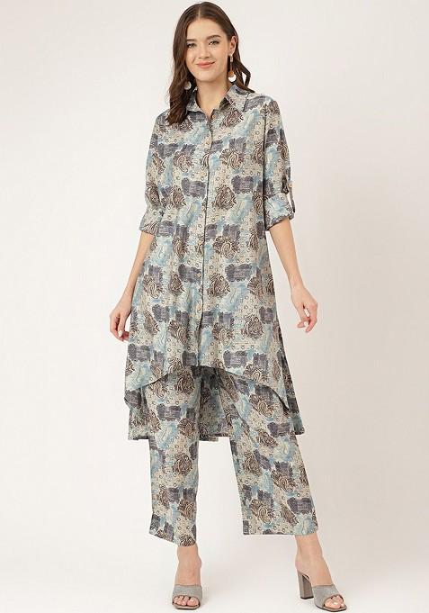 Blue Printed High Low Shirt With Trousers