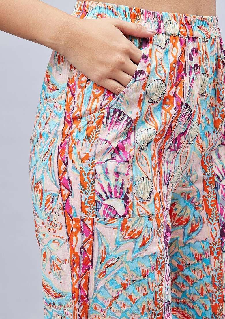 Orange Floral Printed Round Neck Pure Cotton Top With Trouser - Indya