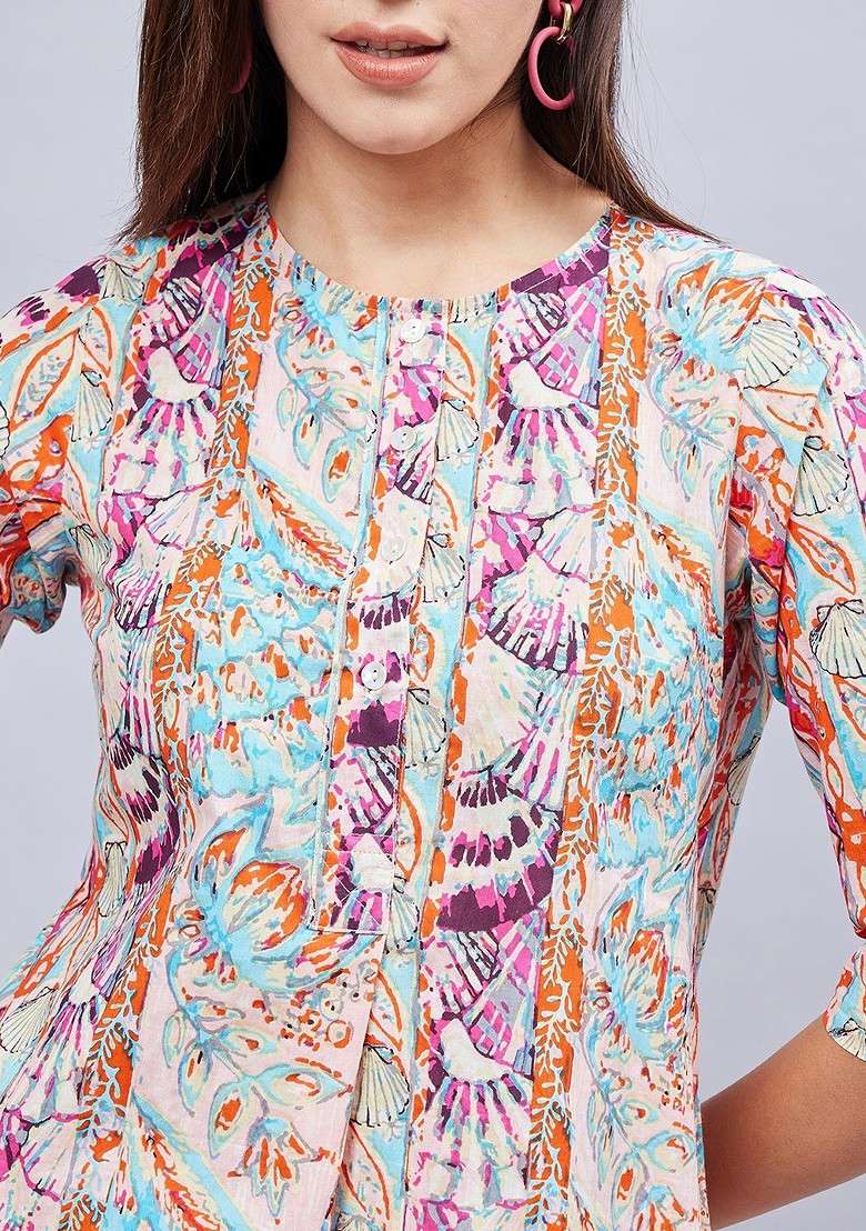 Orange Floral Printed Round Neck Pure Cotton Top With Trouser - Indya