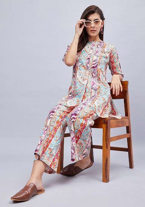 Orange Floral Printed Round Neck Pure Cotton Top With Trouser