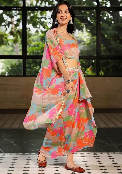 Brown Printed Scoop Neck Top And Skirt With Shrug