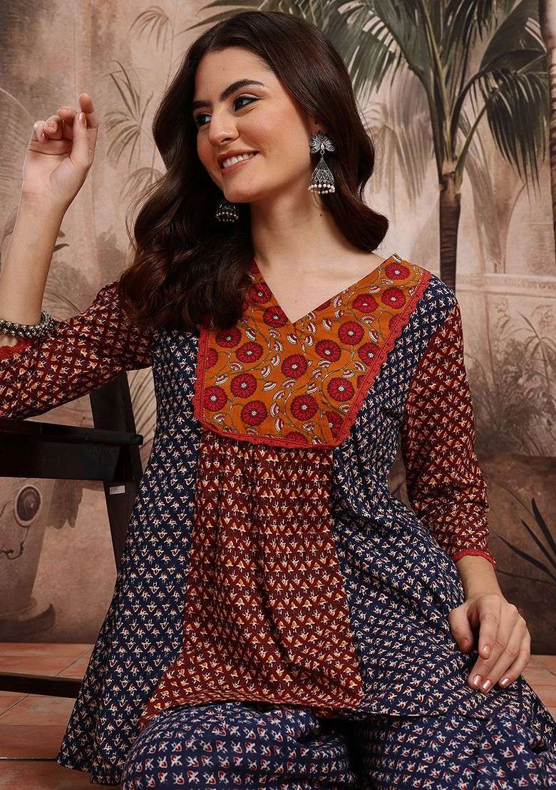 Navy Blue Ethnic Motifs Print Pure Cotton Panelled Detail Aline Top With Palazzos - Indya