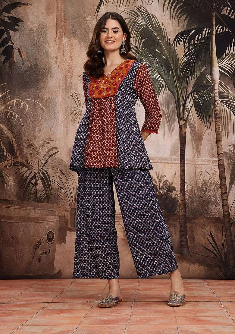 Navy Blue Ethnic Motifs Print Pure Cotton Panelled Detail Aline Top With Palazzos - Indya
