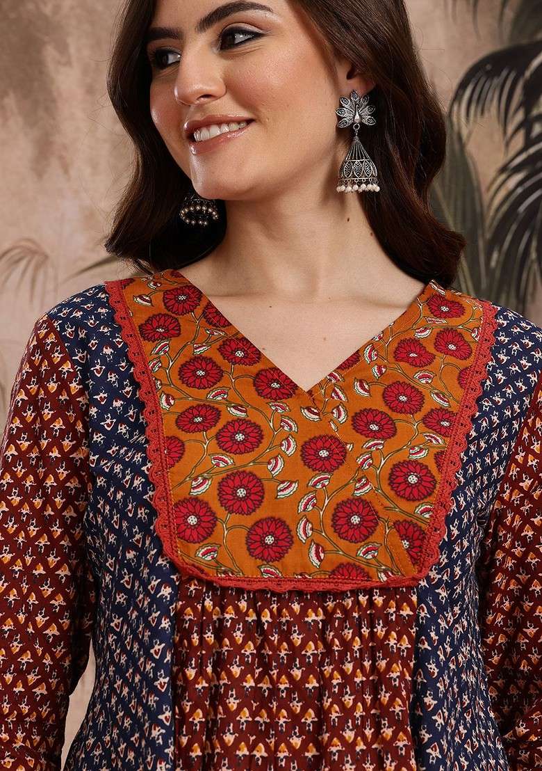 Navy Blue Ethnic Motifs Print Pure Cotton Panelled Detail Aline Top With Palazzos - Indya