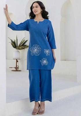 Blue Women Embroidery Pure Cotton Tunic With Trousers Coords