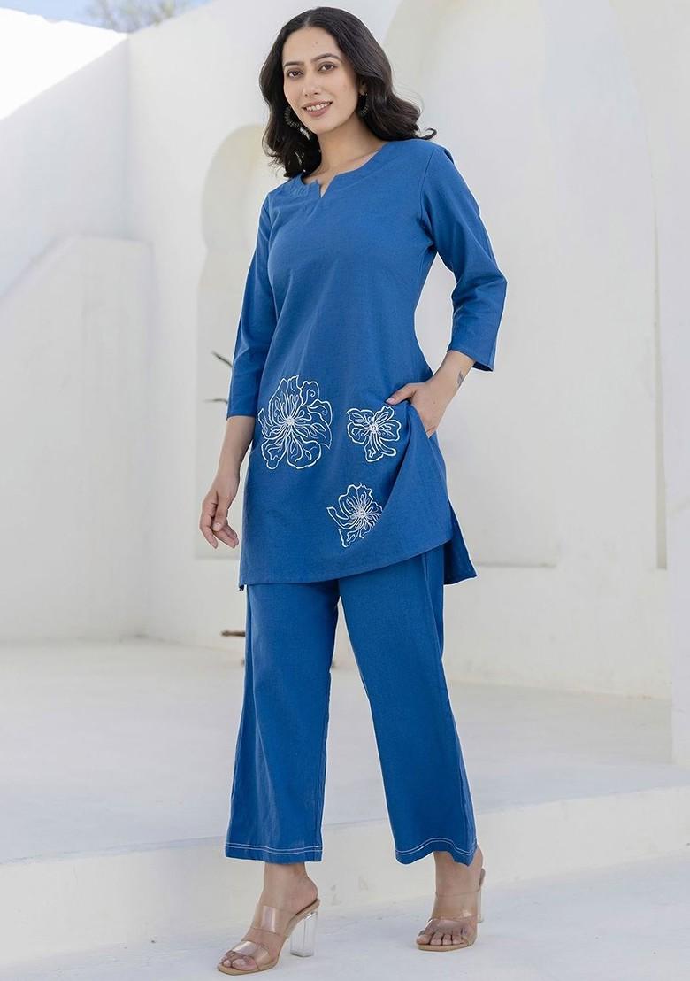 Blue Women Embroidery Pure Cotton Tunic With Trousers Coords