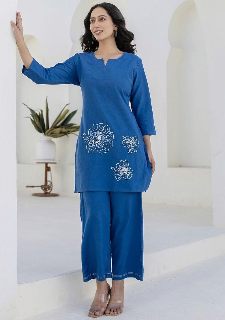 Blue Women Embroidery Pure Cotton Tunic With Trousers Coords