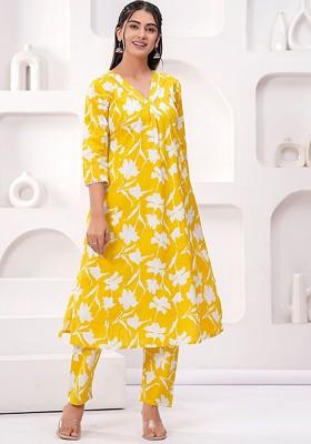 Yellow Women Printed 2 Piece Cotton Co Ord Set