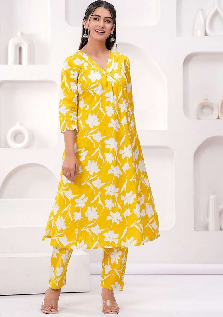 Yellow Women Printed 2 Piece Cotton Co Ord Set - Indya