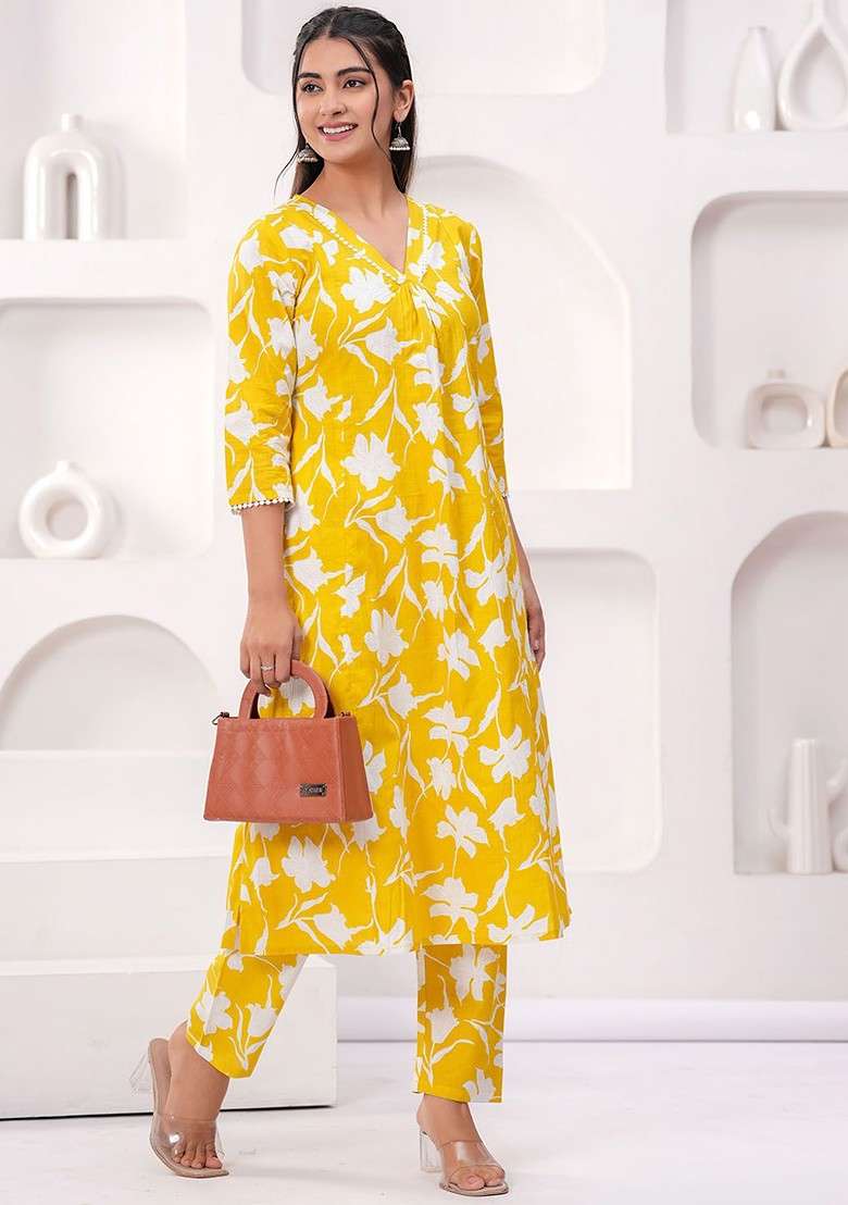 Yellow Women Printed 2 Piece Cotton Co Ord Set - Indya