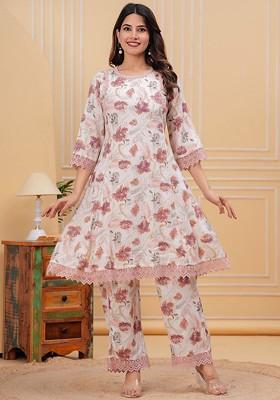 Peach Printed Round Neck Top Ith Palazzo Coords