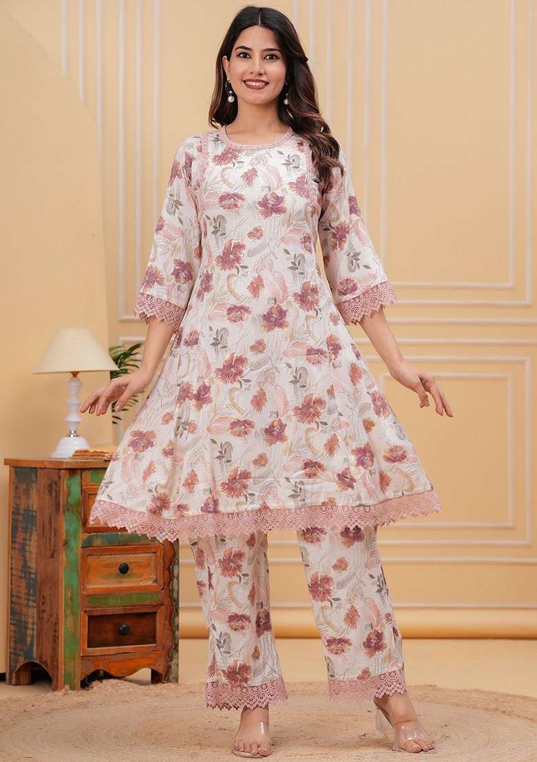 Peach Printed Round Neck Top Ith Palazzo Coords - Indya