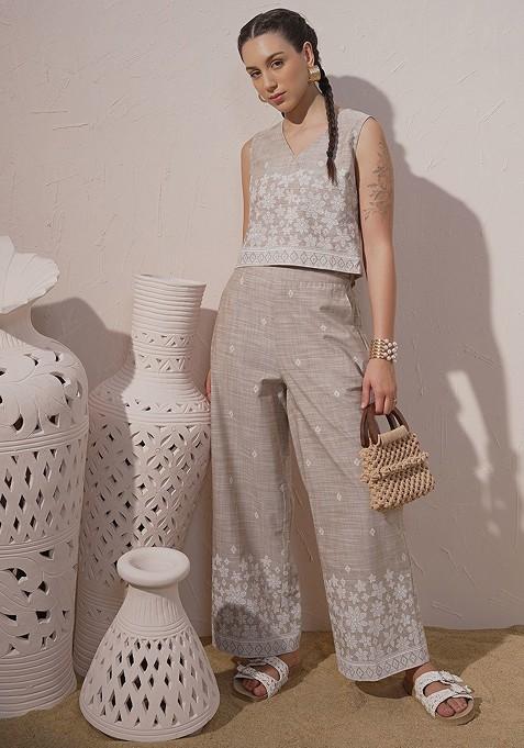 Brown Chambray Printed Coord Set