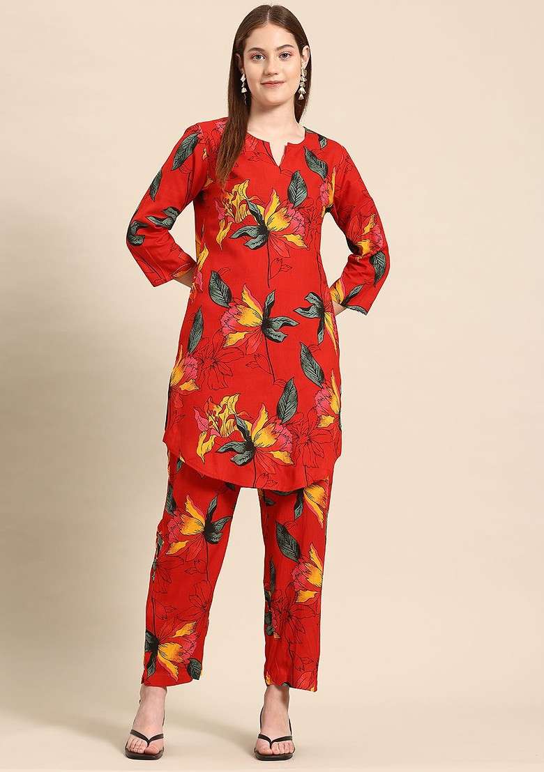 Red Red Floral Printed Tunic With Trousers - Indya