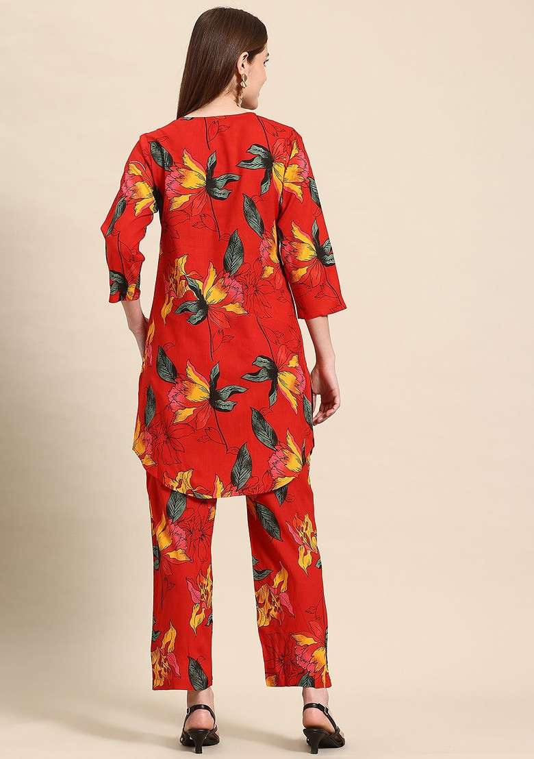 Red Red Floral Printed Tunic With Trousers - Indya
