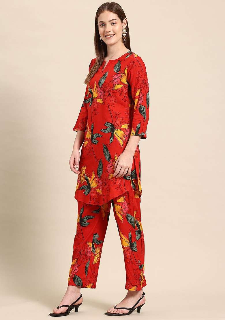 Red Red Floral Printed Tunic With Trousers - Indya