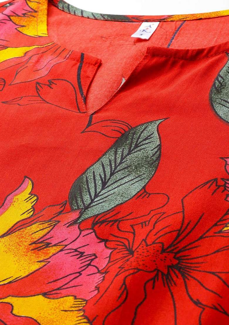Red Red Floral Printed Tunic With Trousers - Indya