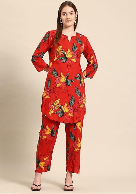 Red Red Floral Printed Tunic With Trousers — view on Indya