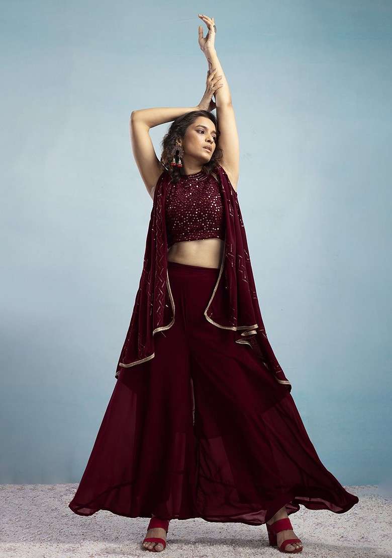 Maroon Geometric Embroidered Halter Neck Sequinned Crop Top With Palazzos And Dupatta - Indya