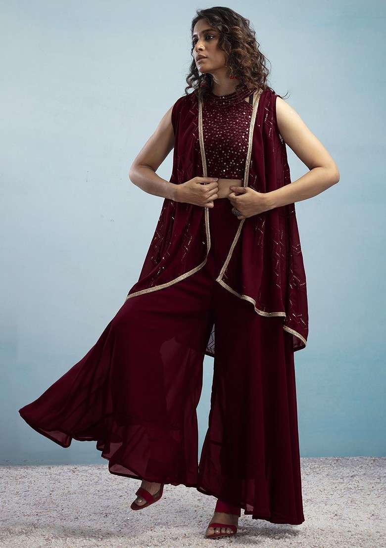 Maroon Geometric Embroidered Halter Neck Sequinned Crop Top With Palazzos And Dupatta - Indya