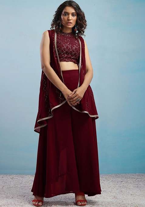 Maroon Geometric Embroidered Halter Neck Sequinned Crop Top With Palazzos And Dupatta