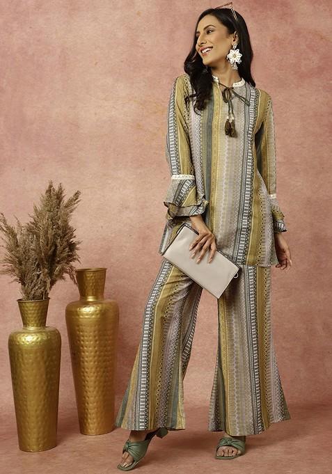 Green Geometric Printed Tunic With Palazzos