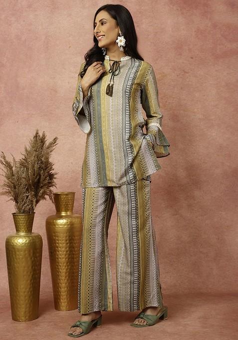 Green Geometric Printed Tunic With Palazzos