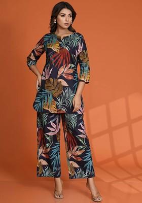 Navy Blue Floral Printed Notch Neck Tunic With Trouser