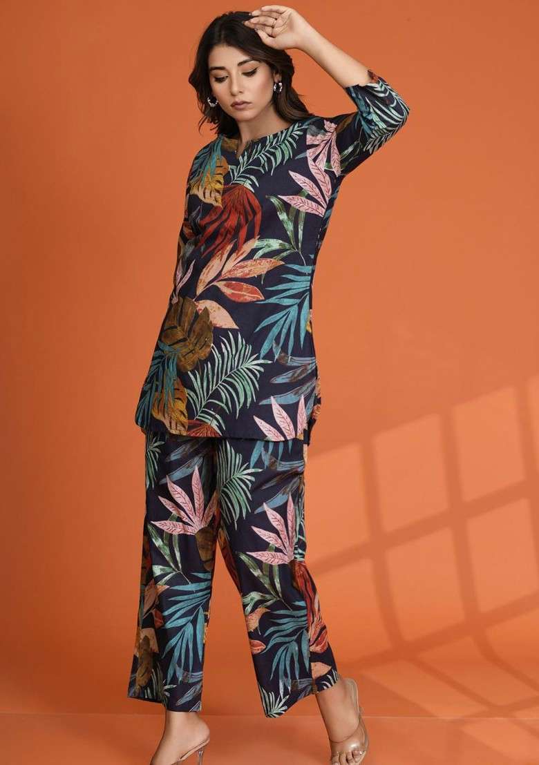 Navy Blue Floral Printed Notch Neck Tunic With Trouser - Indya