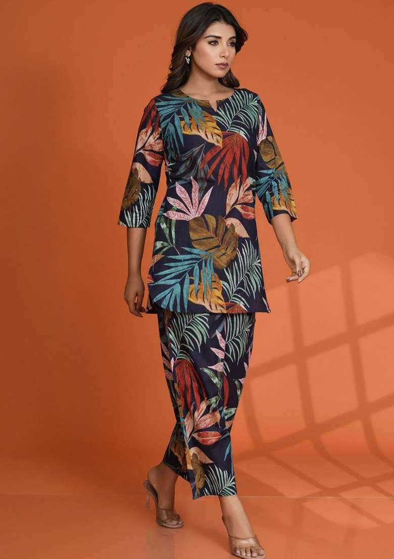 Navy Blue Floral Printed Notch Neck Tunic With Trouser - Indya