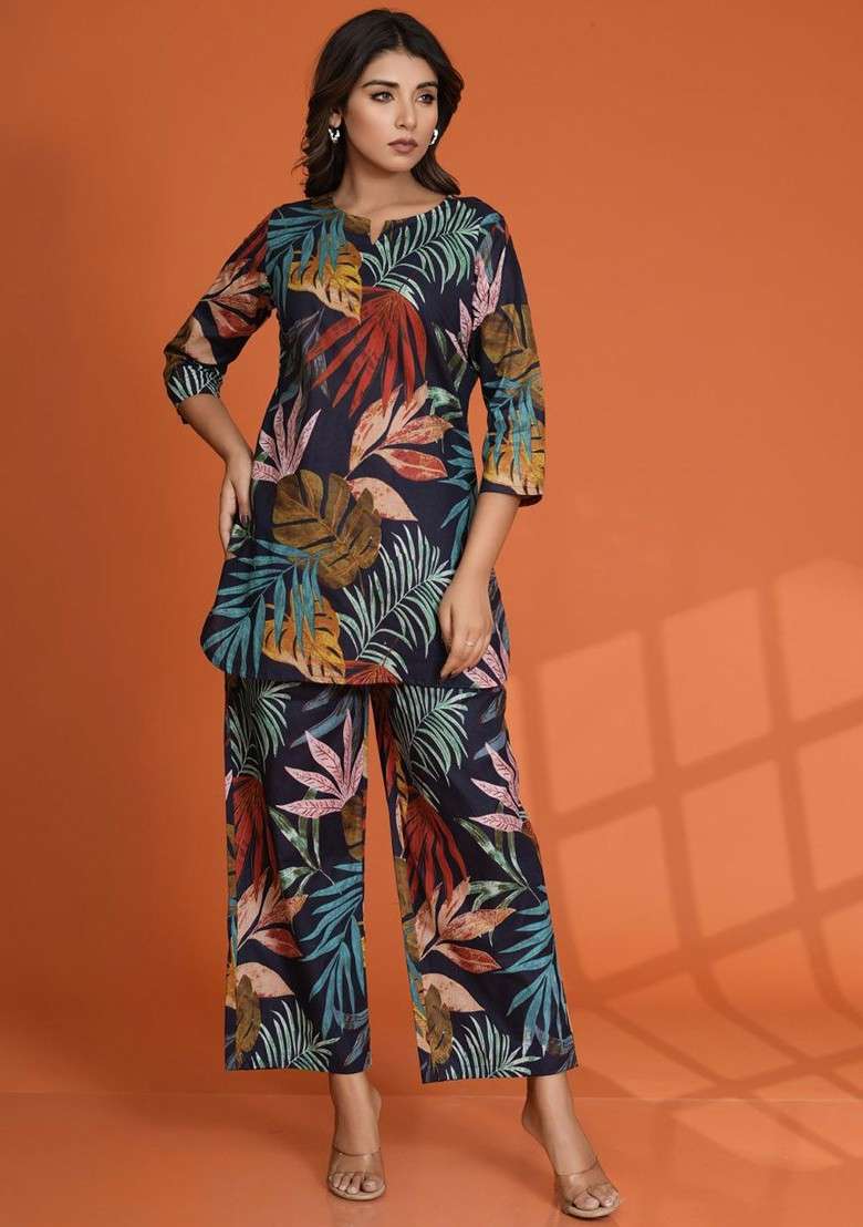 Navy Blue Floral Printed Notch Neck Tunic With Trouser - Indya