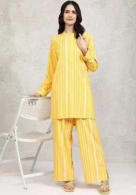 Yellow Yellow Striped Band Collar Long Sleeves Top With Palazzo