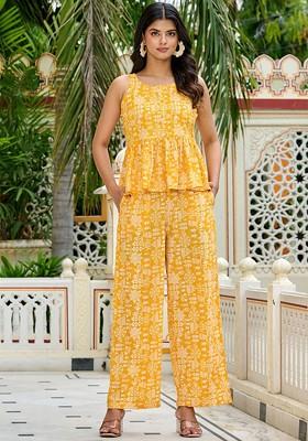 Yellow Printed Rounf Neck Pure Cotton Top With Palazzo Coords