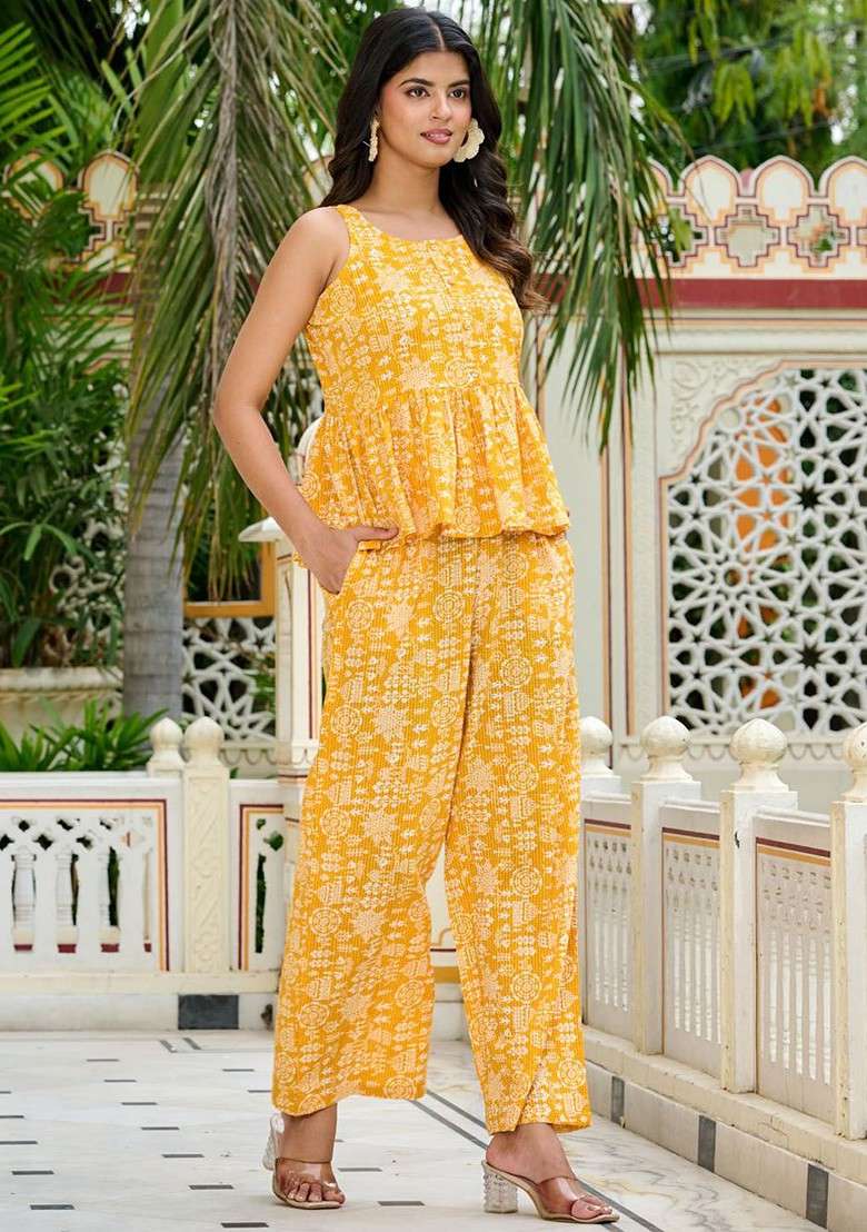 Yellow Printed Rounf Neck Pure Cotton Top With Palazzo Coords - Indya
