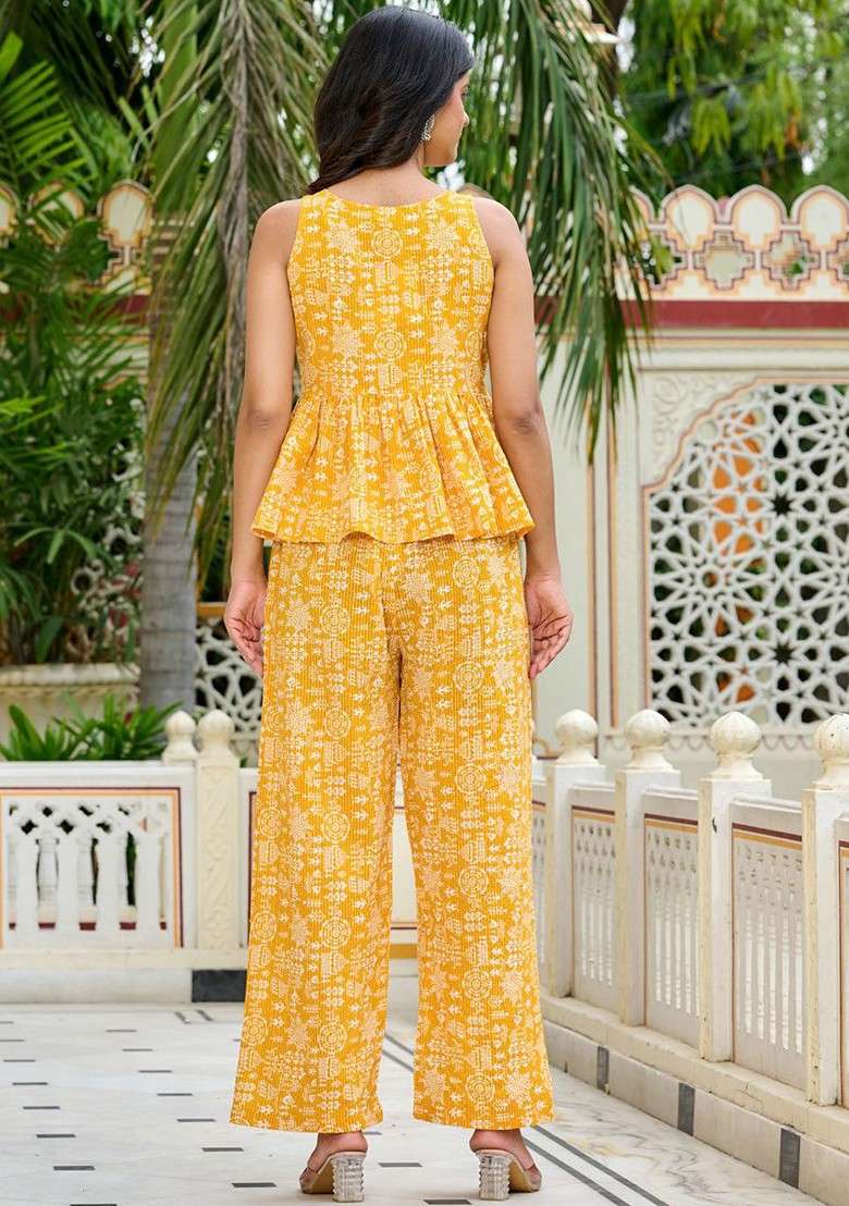 Yellow Printed Rounf Neck Pure Cotton Top With Palazzo Coords - Indya