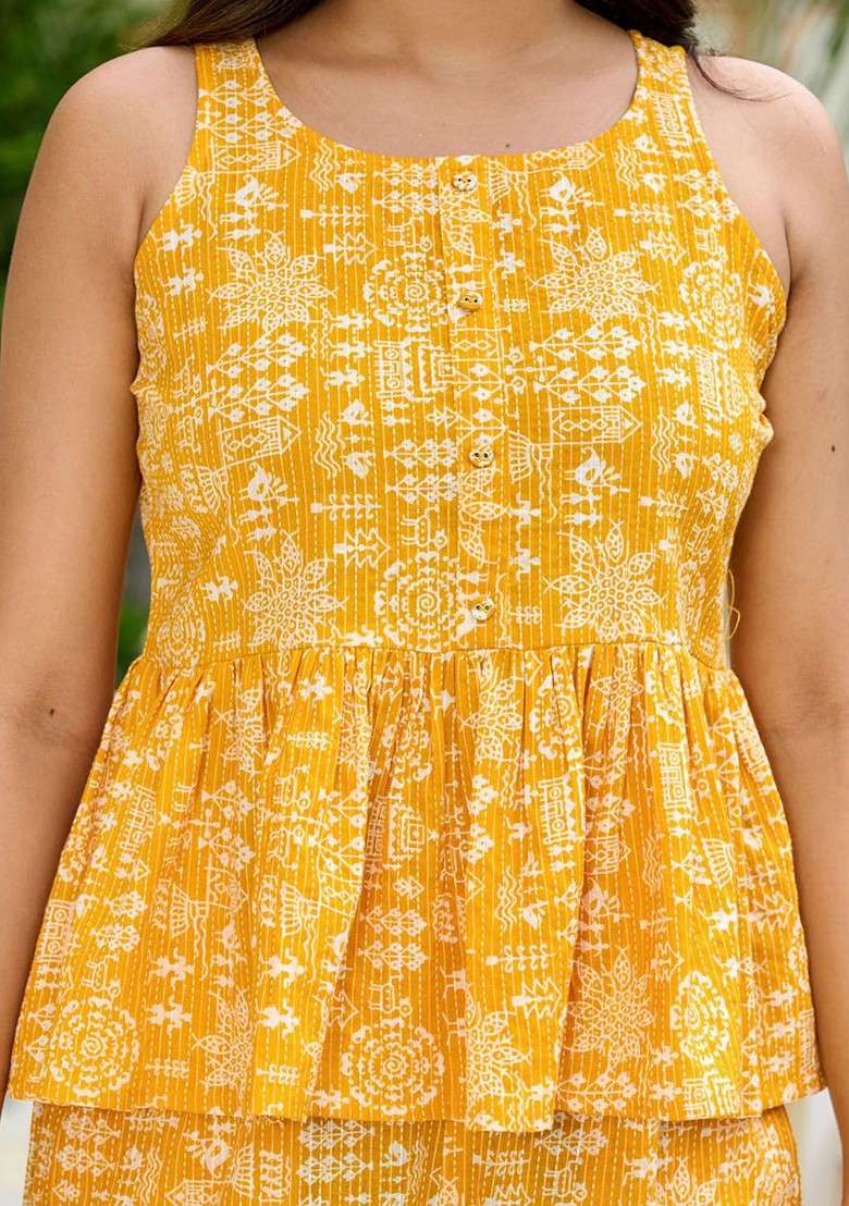 Yellow Printed Rounf Neck Pure Cotton Top With Palazzo Coords - Indya